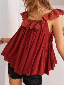 Bohemela Women Summer Flowy Vacation Top With Square Neckline, Sleeveless Design And Ruffled Hem - Burgundy - View 1