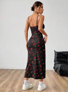 SHEIN EZwear Cherry Print Split Thigh Cami Maxi Summer Dress