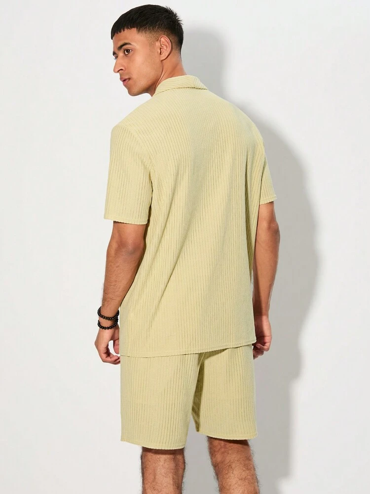 Men's Woven Jacquard Knit Shirt And Shorts Two-Piece Set In Khaki