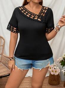 EMERY ROSE Plus Size Women Summer Hollow Out Asymmetrical Collar Short Sleeve Casual T-Shirt - Black - View 4