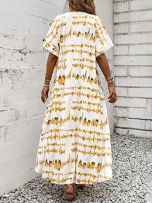SHEIN LUNE Damen V-ausschnitt Bedrucktes Fledermausärmel Lockeres Urlaubskleid - Gelb - Übersicht 2