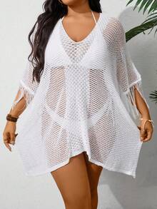 SHEIN Swim Curve Women Plus Size Fashion Solid Color Hollow Out Short Sleeve Cover Up Summer - White - View 4