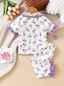 Baby Girls' Purple Simple Long Pants And Short Sleeve Loose Casual 2pcs Homewear Set