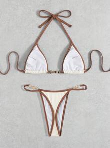 Swim Vcay Summer Beach Contrast Binding Halter Triangle Bikini Set - Apricot - View 5