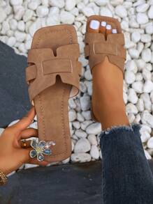 Sandalias de mujer en forma de H, modelo 2021 - Sandalias tipo romano de estilo holgado, zapatos cómodos para playa en verano, en colores marrón y beige, diseño en relieve, con tacón plano o de cuña, con detalles de cristales, estilo "Ins", antideslizantes, transpirables, antiolor, apropiados para actividades interiores y exteriores.