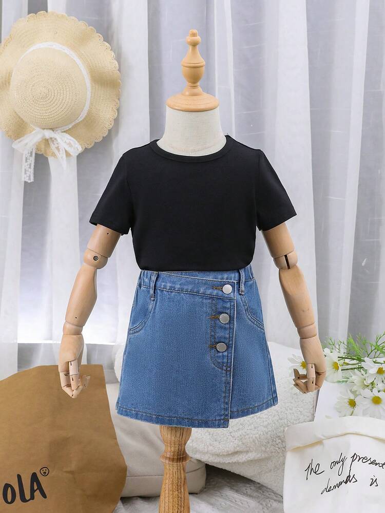 Baby Girl Simple And Versatile Knit Top With Comfortable Denim Skort, Washed And Softened