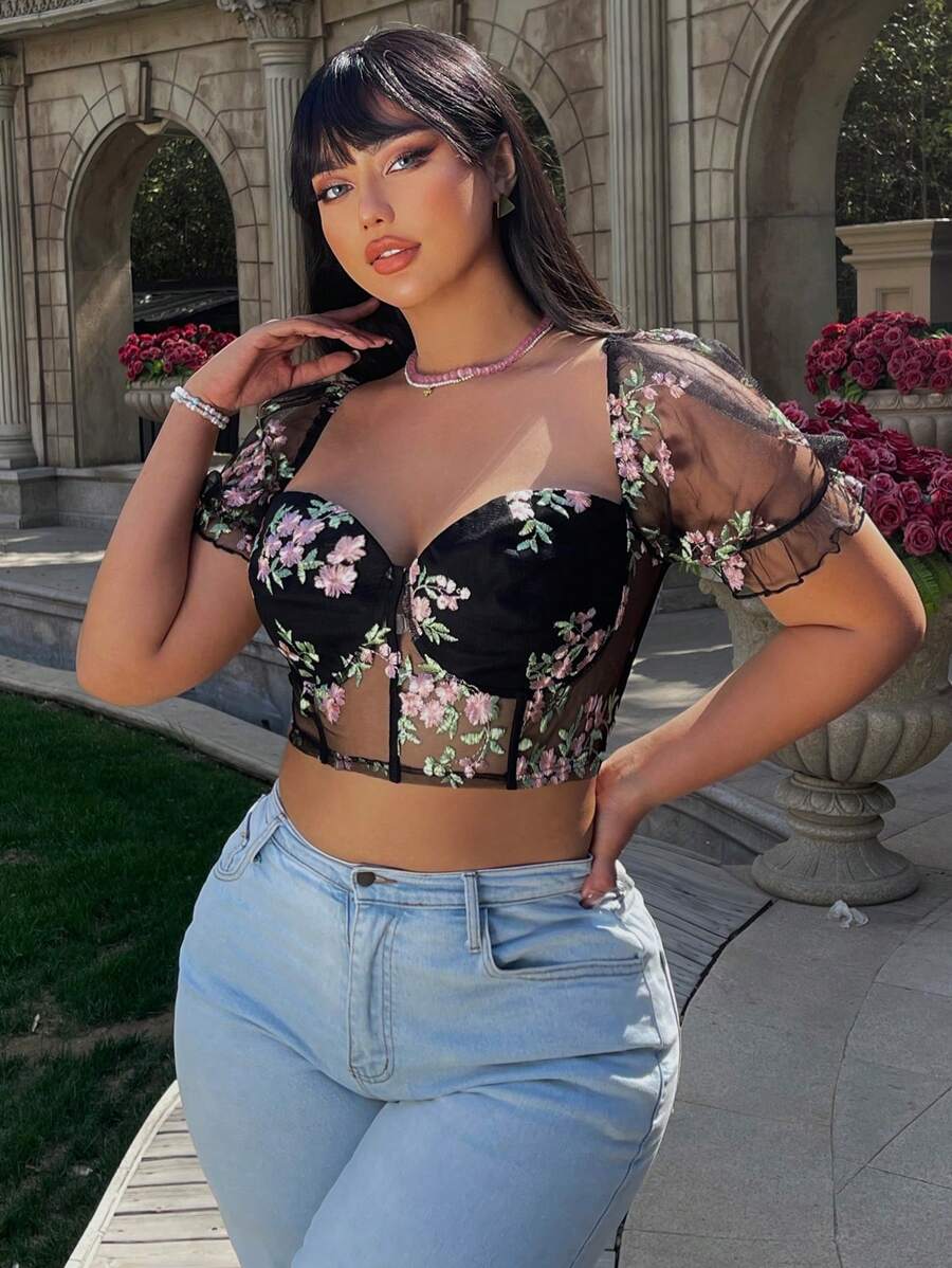 SHEIN MOD Plus Size Women's Sheer Mesh Embroidered Floral Bustier Top - Black - View 1