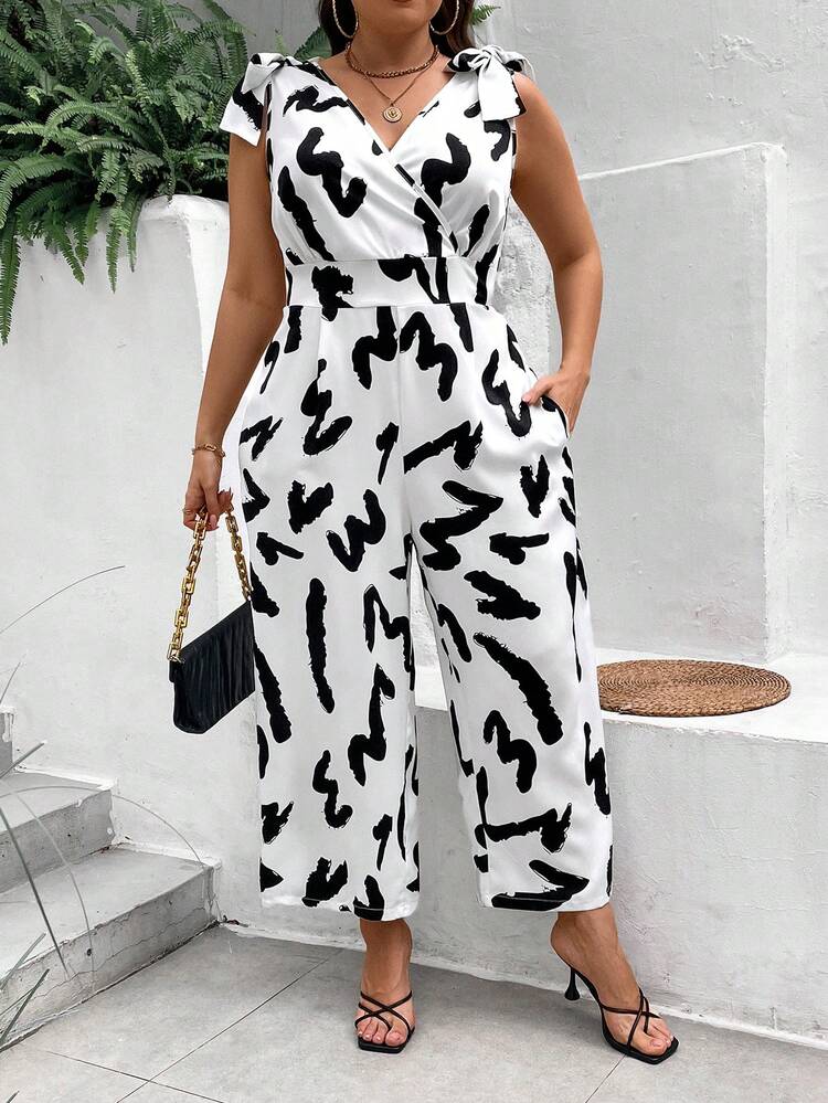 Plus Size Summer Casual Random Printed Sleeveless Jumpsuit