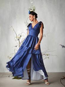 Caterine Sanchez Frida Kahlo X SHEIN X Designer 自然天堂丝带礼服裙配深色调蓝色丝带，夏季优雅连衣裙，节日 - 藍色 - 查看 4