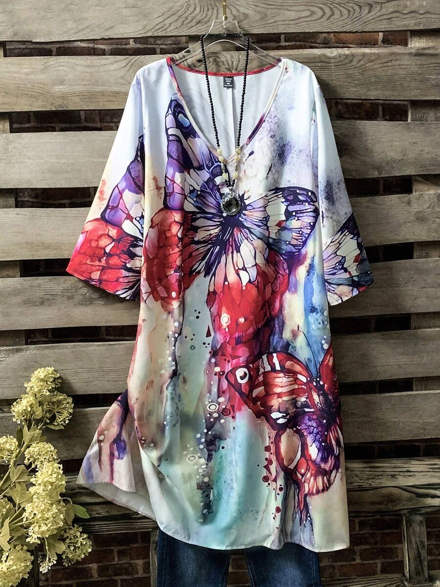 EMERY ROSE Váy dáng suông cổ chữ V in hình bướm cỡ lớn có nơ dành cho nữ, mùa hè - Nhiều màu - Xem 1