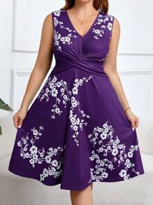 SHEIN Clasi Váy xanh xếp ly in hoa cỡ lớn - Màu tím - Xem 1