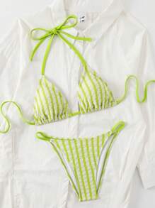 SHEIN Swim Women Contrast Striped Bikini Set For Beach Vacation And Pool,Summer Beach - Green - View 5