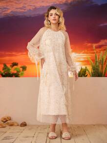 Aveloria Women Star Print Mesh Splice 3D Floral Decor Long Sleeve Loose Dress