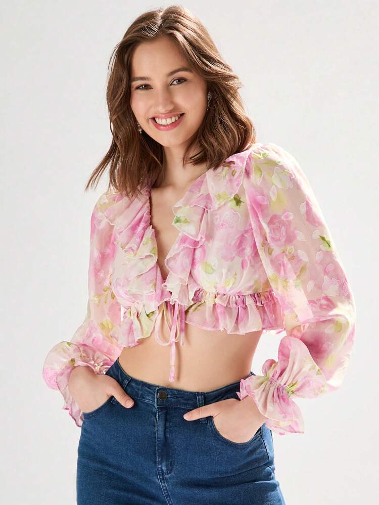 Women Holiday Floral Printed Splice Tie Waist Cropped Top With Ruffled Hem