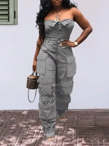 女士时尚性感连体裤 - 灰色 - 查看 5