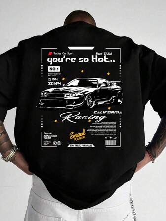 Camiseta casual ligera de cuello redondo con estampado de eslogan y gráfico de automóvil para hombres en verano