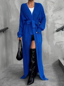 EURMUSE Long Loose Cardigan With Belt, Pocket Design And Solid Color - Blue - View 5