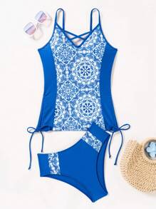Swim Lushoire Two Pieces Swimwear, Printed Pattern Varies, Separated Top And Bottom, Copyrights Granted,Summer Beach - Blue - View 4
