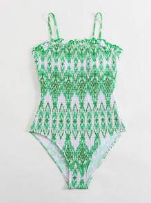 SHEIN Swim Summer Beach Women Holiday Random Printed Bandeau Tie-Dye One-Piece Swimsuit With Ruffles And Slim Fit - Green - View 6
