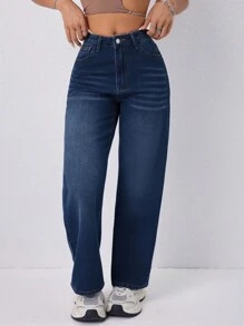SHEIN PETITE 鬆身直筒口牛仔褲，休閒水洗牛仔褲 - 深色水洗藍 - 查看 3