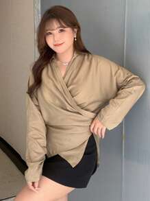 Dazy Petite Plus 加大码纯色裹身不对称下摆个性化设计春夏衬衫、秋装长袖上衣 - 卡其色 - 查看 4