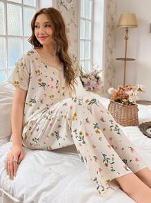 Ladies' Floral Print Short Sleeve Top And Long Pants Pajama Set With Lace Trim