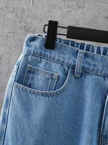 SHEIN Teen Boy Casual Fashionable Blue Monochrome Lettering And Colorful Cool Dinosaur Print Comfortable Baggy Jeans For Summer Vacation And Dailywear