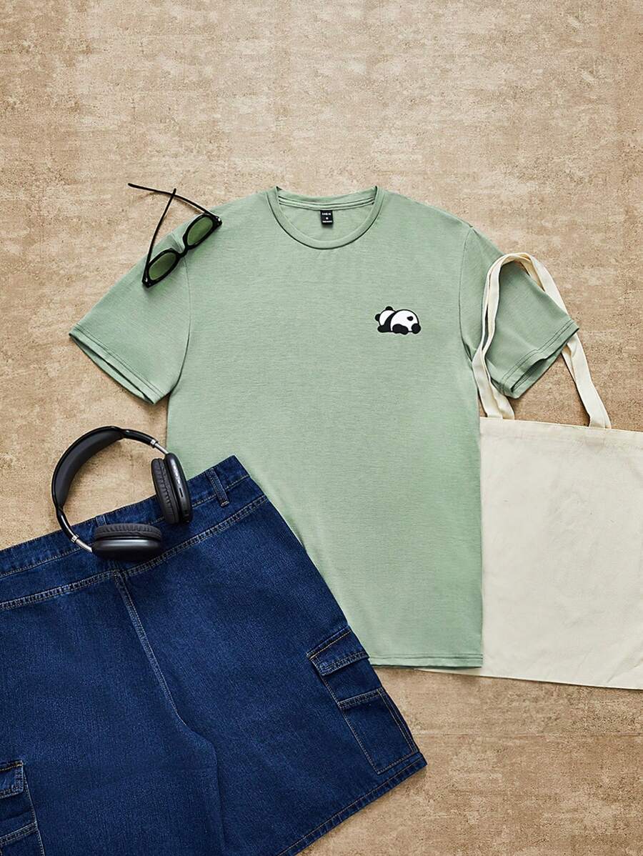 Manfinity VCAY Áo thun nam vừa vặn cổ tròn tay ngắn Graphic Tee Panda Đơn giản mùa hè - Màu xanh Bạc hà - Xem 1