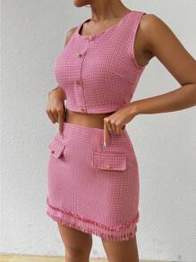 Chiquease Women Work Wear Single Breasted Sleeveless Top And Skirt Suit Set - Multicolor - View 5