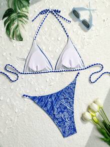 SHEIN Swim Bikini de dos piezas con estampado vintage, traje de baño de vacaciones en la playa para mujeres, verano - Multicolor - Ver 6