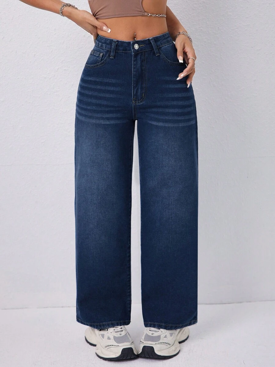 SHEIN PETITE 鬆身直筒口牛仔褲，休閒水洗牛仔褲 - 深色水洗藍 - 查看 1