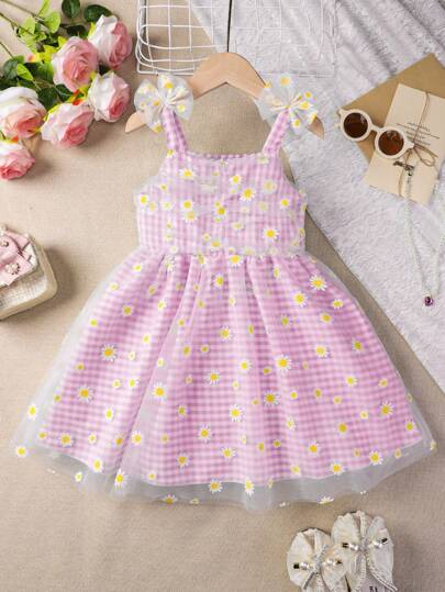 SHEIN Young Girl Wedding Bridal Floral Dress, Strap Tulle Princess Dress Suitable For Performance, Wedding, Party, Birthday