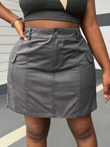 SHEIN EZwear Plus Size Women's Grey Woven Utility A-Line Skirt