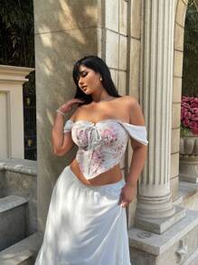 Lyrianda Plus Size Chinese Style Floral Print Off The Shoulder Cropped Top - Mauve Purple - View 6