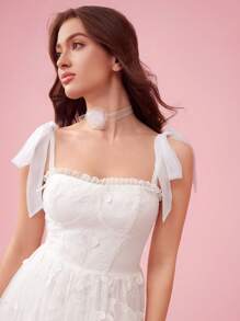Enchnt Women Cute Princess Graduation Party Cocktail Prom Solid Color Butterfly Embroidery Mesh Split Hem Spaghetti Strap White Bow Dress, Summer Spring - White - View 7
