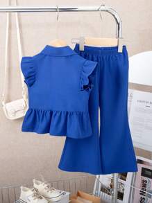 SHEIN Conjunto casual de top de manga corta con gorra de unicolor y pantalones acampanados para niña joven, para primavera/verano - Azul - Ver 2