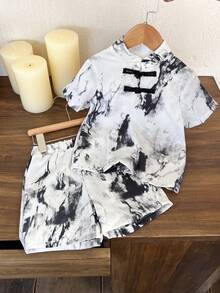 Young Boy 2pcs/Set Short Sleeve Stand Collar Ink Painting Hanfu Top With Buckle And Shorts, Suitable For Street Wear, School, And Outdoor Activities - Black - View 7