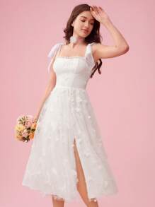 Enchnt Women Cute Princess Graduation Party Cocktail Prom Solid Color Butterfly Embroidery Mesh Split Hem Spaghetti Strap White Bow Dress, Summer Spring - White - View 12