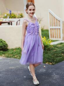 SHEIN Vestido de fiesta con tirantes de encaje y tul esponjoso para el Día de los Niños Mexicanos, adecuado para actuaciones, bodas, festivales y fiestas de cumpleaños, para niñas preadolescentes