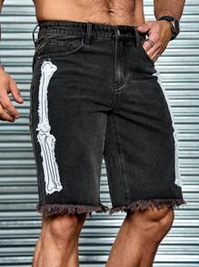 Manfinity Roughcore Shorts de mezclilla gris para hombres con aplicaciones de calaveras - Gris Claro - Ver 5