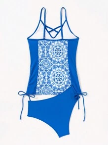 Swim Lushoire Two Pieces Swimwear, Printed Pattern Varies, Separated Top And Bottom, Copyrights Granted,Summer Beach - Blue - View 5