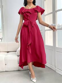 Modelyn Summer Women Elegant Off Shoulder Long Solid Color Dress With Ruffle Trim Long Evening Dresses - Rose Red - View 6