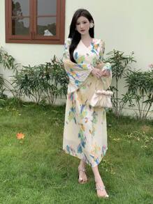 DAZY Women Full Floral Printed Long Sleeve Dress Sundress, Fall Dress Vacation Outfits Women Easter Dress Boho - Green - View 3