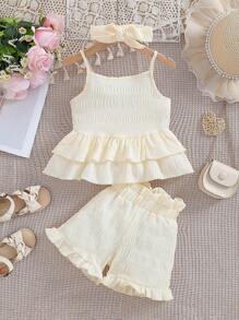 SHEIN Vintaside Kids 女童夏季甜美純色荷葉邊背心和短褲套裝，附頭帶 - 杏色 - 查看 5