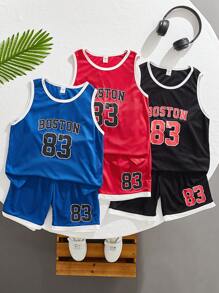 Tween Boy 6pcs Breathable Sporty Tank Tops & Shorts Set With Letter Print, School, Campus, College - Multicolor - View 1
