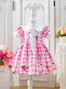 寶寶女孩夏季粉色格紋兔子和花卉印花荷葉邊連衣裙，可愛優雅，適合日常和休閒穿著 - 彩色 - 查看 1