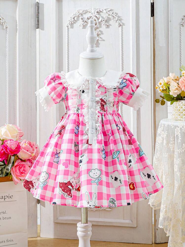 Baby Girl Summer Pink Plaid Rabbit & Floral Print Lace Trimmed Dress, Lovely, Elegant For Daily And Casual Wear