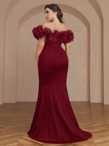SHEIN Belle 加大码优雅露肩荷叶边及地长鱼尾礼服、婚礼宾客礼服、派对礼服、晚礼服 - 酒紅色 - 查看 3