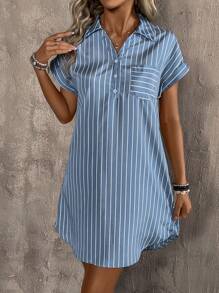SHEIN LUNE Vestido Feminino Listrado Azul e Branco Fashion de Verão, Casual e Versátil - Azul - Visão 6