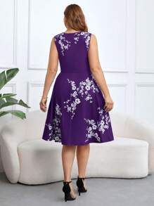 SHEIN Clasi Váy xanh xếp ly in hoa cỡ lớn - Màu tím - Xem 2